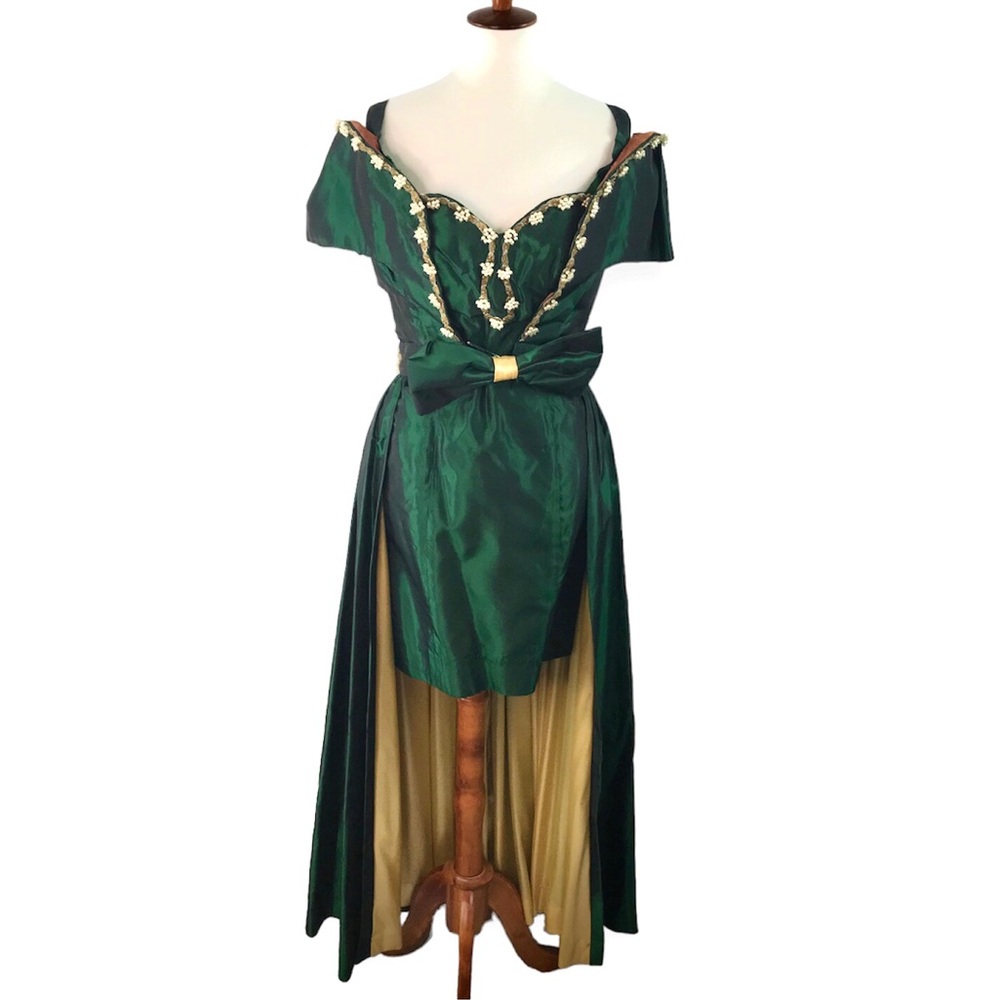 Vintage Hand Made Royal Green Taffeta Beaded Mini Dress with Caplet